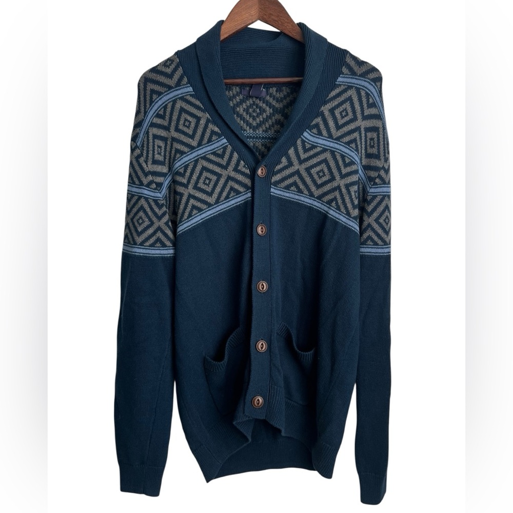 Gap Men’s Patterned Blue/Gray Pocketed Cardigan - SZ: Medium